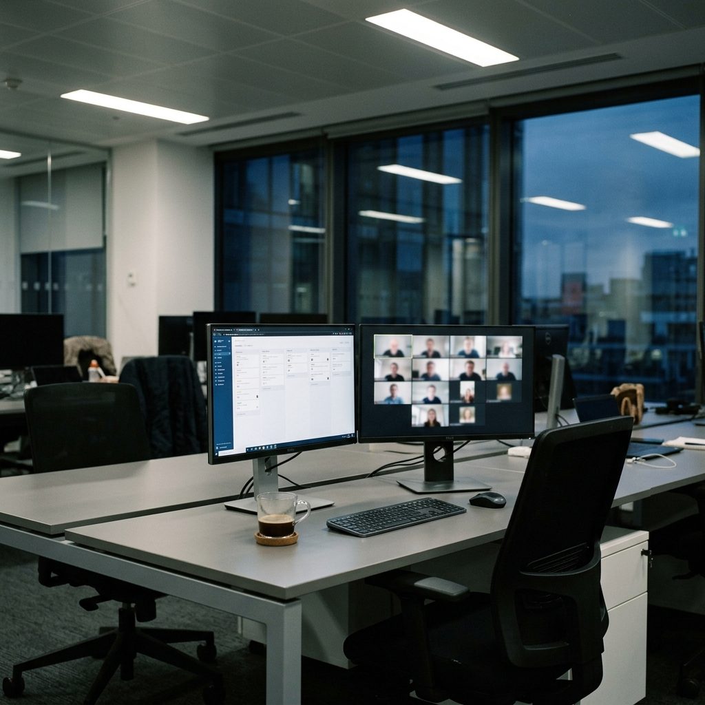 Puste biurko w open space wieczorem, dwa monitory z tablicą zadań i spotkaniem online