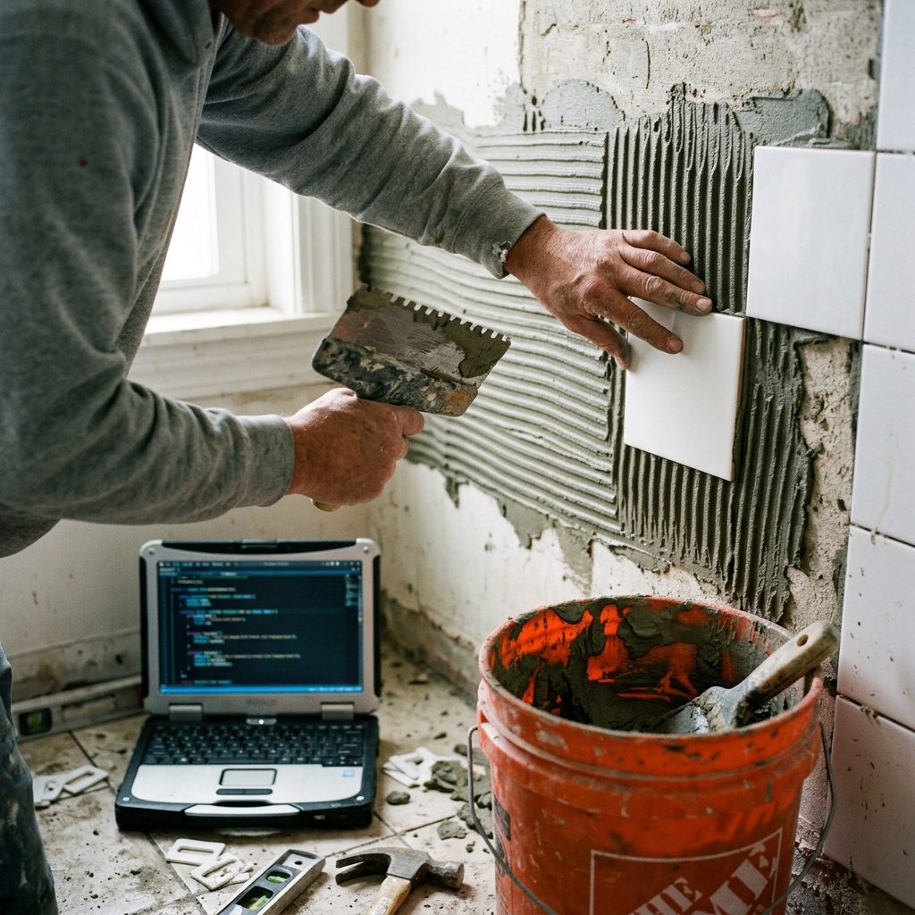 Ręce kładą płytkę na klej, obok na podłodze otwarty laptop z kodem